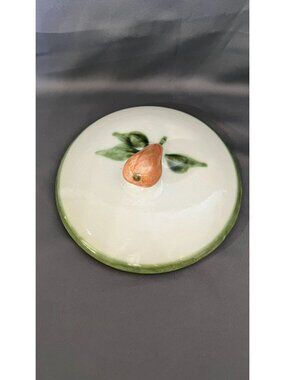John B. Taylor 8" Ceramic Lid With Pear Design Green Trim Kitchenware Home Decor